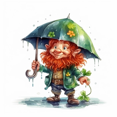 Cute Adorable magical little leprechaun with a cylinder hat and a red beard holds laterally a umbrella in his hand wears a raincape and stand in the rain on a country road, clipart, photorealistic illustration, watercolor, high detail, 8k polished, 8k, vibrant colors, white background