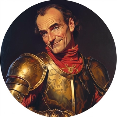 Arthur Sarnoff's character portrait circular tondo depicting an armored Regency knight, Mike Allred Josh Kirby, clipart illustration, circular solid background circular border
