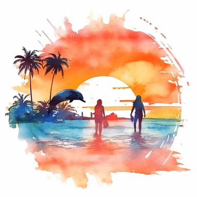 Watercolor People On Beach Ocean Dolphins, Retro Sunset Clipart Colorful and white Background