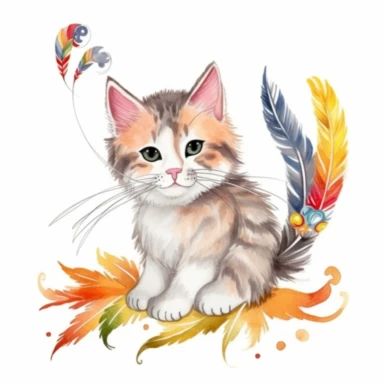 Playful watercolor clipart of a cute cat with a feather toy, capturing the playful and fun side of pets, with vibrant colors and intricate details, perfect for a mug design, delightful and charming, high-quality illustration, hand-painted with love, a great addition to any project.
