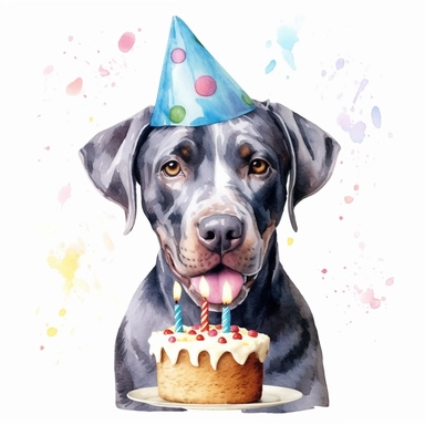 watercolor, clip art, a Dogo Argentina wearing a party hat and eating cake, birthday, happy face, isolated on a white background