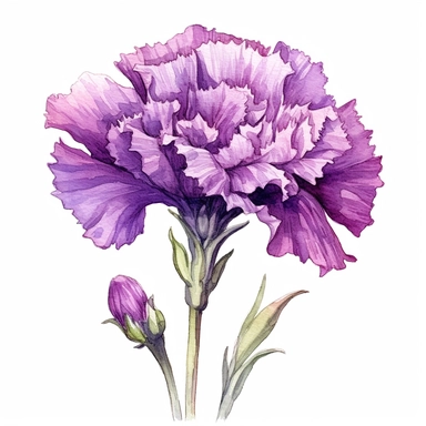 Watercolor purple carnation clipart on a white background in the style of feminine sticker art, Tanya Shatseva, storybook illustration, deep purple and lavender hues, Georgia O'Keeffe, flower and nature motifs, colored line art, colored outlines, cottagecore design, watercolor on white background, ombre, royal tones, colored line art, colored outlines, iridescent ombre, gradient shading, symbol of capriciousness, vibrant digital art oil paint photorealism, an illustration of a colored flower, me