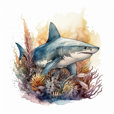 watercolor clipart consist of shark playing around corals and seaweed. The shark is fullbody with realistic proportion as original great white shark. Produce very high detailed shark. Left some empty white space around the image frame