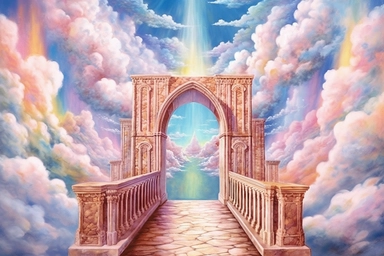 Imagine a watercolor painting of a long rainbow bridge stretching towards the gates of heaven. The doors to heaven are opening, revealing a colorful and vibrant sky filled with fluffy, white clouds and beautiful angels. This image is in high definition and would make a stunning piece of clipart, on white background