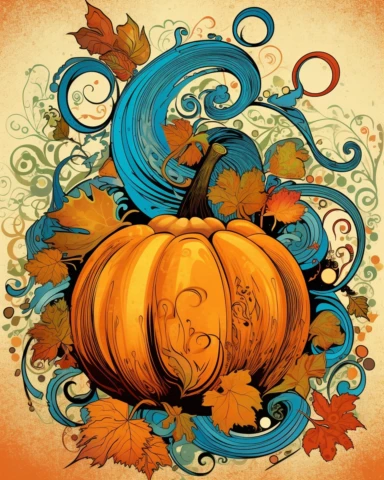 one pumpkin clip art, in the style of collage-style mixed media, bold yet graceful, dr suess colors carsten holler, leaf patterns, edwin lord weeks, hand lettering, michael hutter