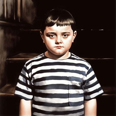charming Pugsley Addams from the movie The Addams Family by Barry Sonnenfeld, watercolor by mary whyte, romantism, clear line, white solid background, clipart, gothic