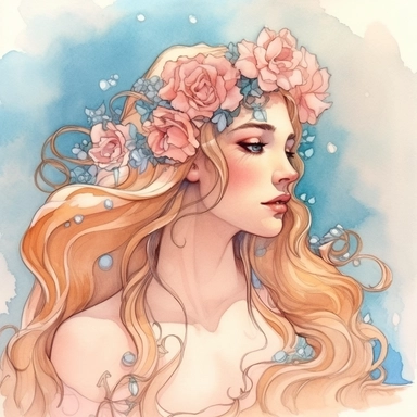 from shoulders up full head shot fantasy art nouveau style demure princess looking away and head pointed slightly upwards with flowers cascading down her long flowing hair all the way to her shoulders in a classical early 20th century portrait painting style watercolor clipart no words no fonts no letters