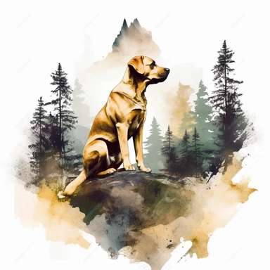 watercolor style, dog with the mountain forest in the back clipart, isolated on white background, hd