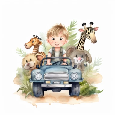 watercolor clipart,A super cute happy boy and safari animals, in a jungle jeep, illustration watercolor style, minimalistic, clipart, children's book illustration, hd, 16k, 4k ,isolated white background,single design, single object, watercolor illustration by mark ryden ,print on demand image, PNG transparent background, white background for removing background