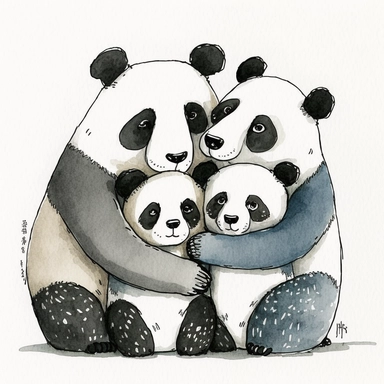 watercolor and ink drawing of a portrait of a family of four happy panda bears, one mom bear, one dad bear, two baby bears, clipart, embracing each other, cute pose, cartoon, doodle, happy, smiling, beautiful watercolor ink wash coloring, thick pencil lines, quentin Blake, Adrian tomine, popular on etsy, watercolor illustrations clipart, watercolor illlustrations for kids and children, book illustrations, plain white background