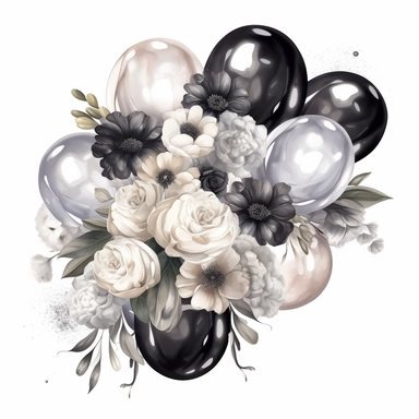 hand drawn balloon garland with shiny black white and silver balloons, white roses and white flowers with greenery, crystals, glamorous, very detailed and realistic, watercolor, clipart style, white background with margins