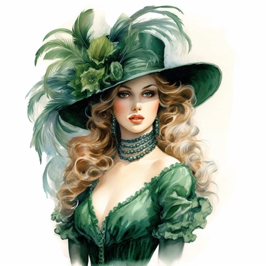 A captivating Victorian beauty in a rich emerald green satin dress, enhanced with delicate ruffles and a matching feathered hat. Every detail, from the satin sheen to the intricate featherwork, is depicted with hyper-realistic precision and cinematic smoothness. Her poised demeanor and intense gaze capture the essence of Victorian charm. Clipart, watercolor, white background, upright posture, eye contact, intricate detail, unreal engine cinematic smooth