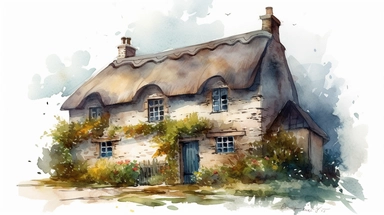 a watercolor clipart on a white background of a romantic cottage. The cottage should have a thatched roof, stone walls, and a chimney with smoke coming out