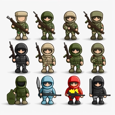10 stickman soldiers stickers collection, clipart design, cartoon, 4k, white background, photo realism