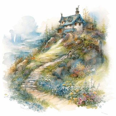 isolated on white illustration watercolor art of a part of a house, the landscape from the garden with forget-me-nots and a road going into the mountains, a lot of forget-me-nots, masterpiece by Hans Zatzka and by Josephine Wall and by Alexander Jansson style and by Ivan Fedorovich Choultse style, Art Nouveau Architecture, PNG clipart, isolated on white, extreme photorealistic details, 32k HD resolution, realistic high detailization high resolution