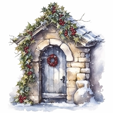 detailed watercolor clipart, photography style, beautiful christmas magic, stone wall, magical Christmas door open to winter wonderland, holly, ivy, HDR, winter snow, self shadow, white background