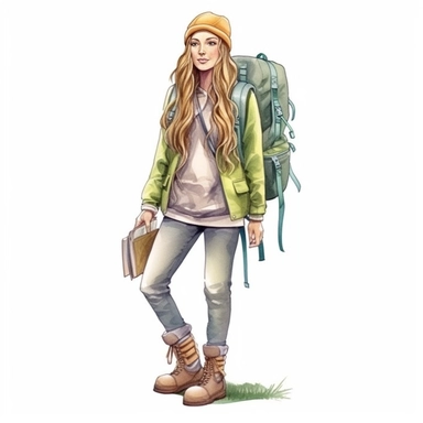 isolated illustration on a white background, a hyper realistic camping girl in a warm green outfit long ultra straight very natural looking long hair holding a backpack, Clipart, trending on Etsy, watercolor realistic and highly detailed, natural realistic warm rich colors
