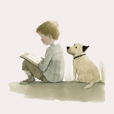 a dog sitting next to a young boy reading a book, watercolor and ink drawing, clipart, happy, gentle smile, beautiful watercolor ink wash coloring, thick pencil lines, Jon klassen, Adrian tomine, popular on etsy, watercolor illustrations clipart, watercolor illlustrations for kids and children, book illustrations, plain white background