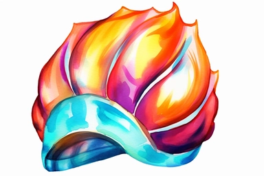 Watercolor, Create an image of a flame helmet shell, showcasing its vibrant colors and flame-like patterns, clipart, hd, on a white background, spaced out