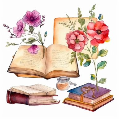 Clipart de libros vintage de acuarela. Lectura de imágenes prediseñadas. Ilustraciones de libros con flores. Literatura de estilo antiguo. Hand painted ilustration, watercolor graphic, white background