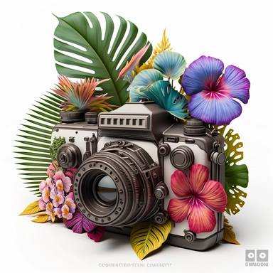 clipart of an antique photo camera, surrounded by an intricate arrangement of dramatic extravagant digital 3D giants multicolor hibiscus, rainbow palm leaves, tropical summer ambiant, playfully intricate, full of jungle flowers, bloomcore, cartoon pixar style, 8K, white background