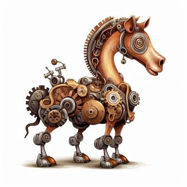 friendly horse with cute eyes, standing up, in the style of steampunk, clipart, white background, lots of cogs