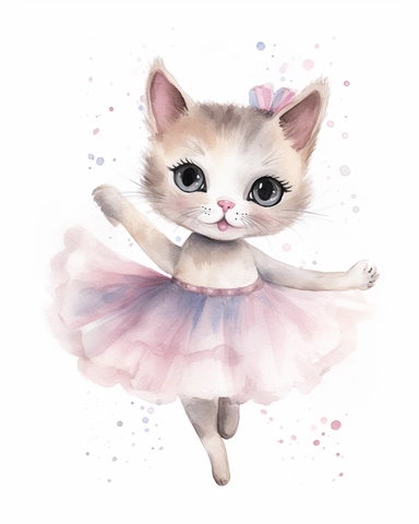 watercolor sketch illustration of adorable kawaii cute cat dressed up as a ballerina, twirling on her tippy toes in a tutu, watercolor clipart, art for children's book, digital art, concept, art, 8k, hd, kawaii, isolated on white background, spaced out