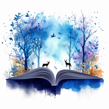 blue watercolour image of magical forest coming out of a book clipart, vector image