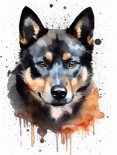 Generate an image of a black shiba inu Clipart in watercolor style on a white background. Ensure that the background is plain white without any photo frames.