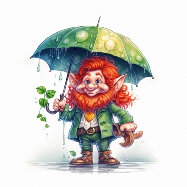Cute Adorable magical little leprechaun with a top hat and a red beard holds laterally a umbrella in his hand wears a raincape and stand in the rain on a country road, clipart, photorealistic illustration, watercolor, high detail, 8k polished, 8k, vibrant colors, white background