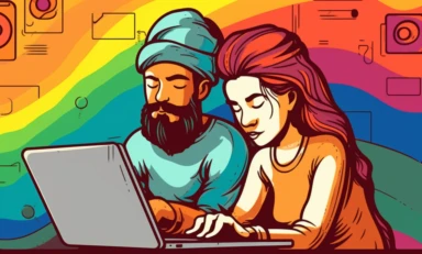 cartoon clipart of a couple looking at a laptop computer, in the style of experimental videos, bloomcore, light beige and bronze, colorful animation stills, subtle ink application, language-based, commission for