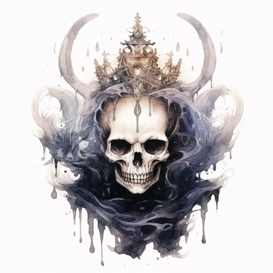 watercolor, mystic, gothic, dark skeleton, very detailed, clipart, white background