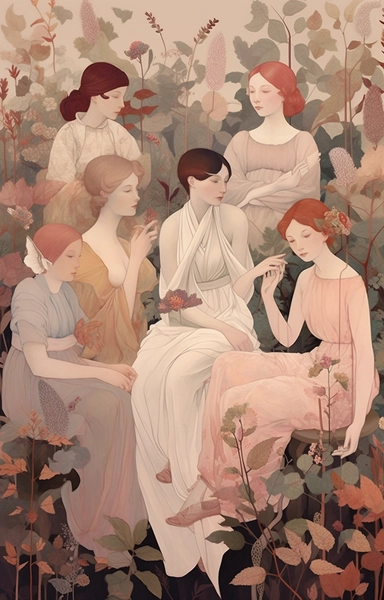 colorful clipart image of illustrations including girls in dresses seated, in the style of soft, muted color palette, ethereal foliage, dark white and pink, folkloric themes, high quality photo, mural painting, moyoco anno