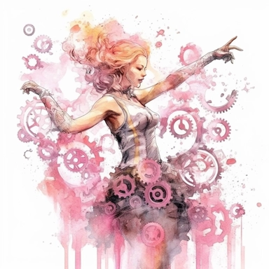 pink watercolor steampunk fire dancer clipart, metallic, gears, iron pink gray black, 32k. highly detailed
