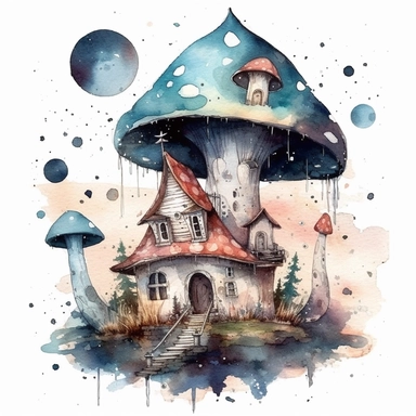 clipart watercolor creepy mushroom house with crescent moon and stars, fantasy, detailed, white background, illustration painting, collaged constructions, digital art, in the style of sculptural and geometric, forced perspective drawings, Geometric brushstrokes form an intriguingly abstract, painterly figure