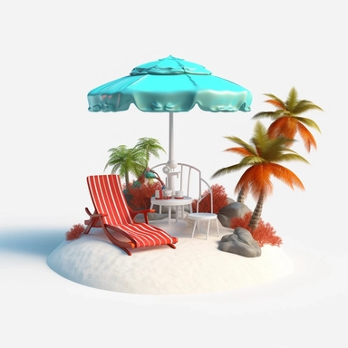 3d island paradise beach with beach chair and sunshade clipart in animation style, in solid white background, summer vacation, bright color, high resolution, 8K,