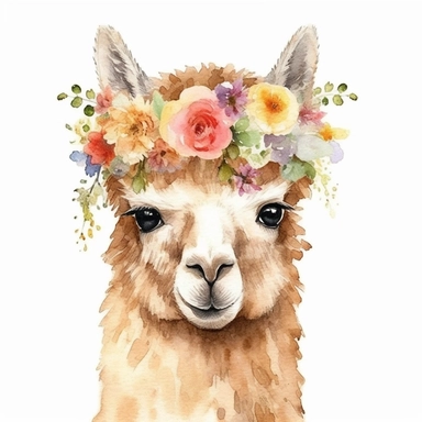 watercolor alpaca head with flower crown, Etsy, textured, clipart, white background