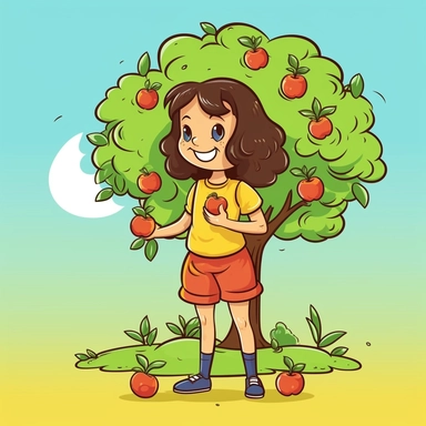 girl standing with an apple tree cartoon colored clipart vector illustration