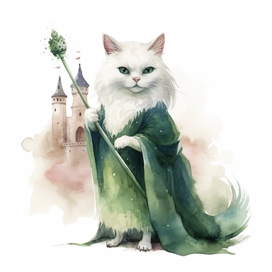A clipart of a white cat wearing a regal green gown and a crown, holding a scepter and standing in front of a castle as a queen, watercolor style, realistic, bright colors, 300 dpi, 8k, white and clear background