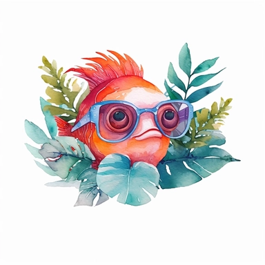 watercolor tropical fish swimming clip art, sunglasses, in the style of whimsical storytelling, storybook illustration minimal, graphic illustration, matte colors, 2d flat, vector, transparent background