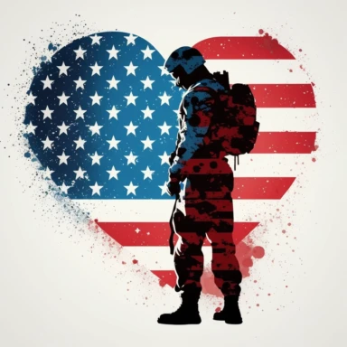 heart Behind the soldier, a large American flag gracefully unfurls, creating a backdrop that symbolizes the ideals of freedom, unity, and patriotism. The flag is depicted in its iconic red, white, and blue color scheme, with the stars and stripes meticulously rendered to reflect the familiar design clipart