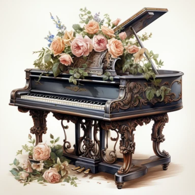 hyperrealistic ultra detailed watercolor clipart, victorian piano with flowers, white background, in the style of digital print, clipart, illustration, sticker, ultra high definition, rich details, 32K, HD