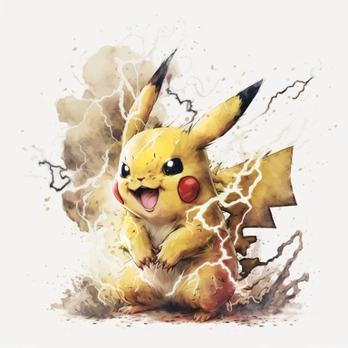 Pikachu with closed mouth, lightningstorm, Clipart, watercolor style, white background