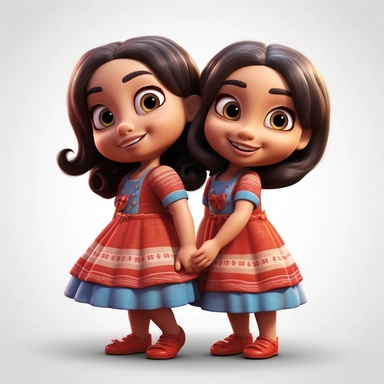 illustration of hispanic beautiful twin little girls clipart, pixar