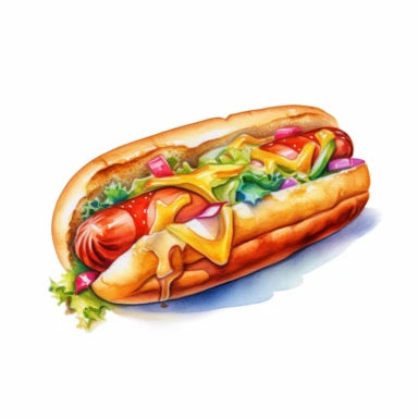 Solid white background, Detailed Watercolor summer american hot dog clipart