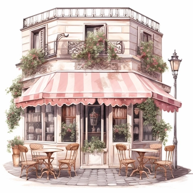 commercial shot of realistic french boho parisian pink pastel cozy cafe with open doors cute elegant tables and parasol and plants in front clipart, french cafe, high quality, intricate design, clipart witchcore dreamcore cottagecore white background