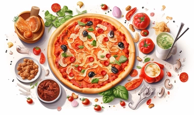 pizza clipart items bundle in white color background, narrative clarity, white background, transparent background, simplistic, clean and elegant, very detailed, vector illustration clipart, serge Marshhennikov, victor nizovtsev, i can't believe how beautiful this is