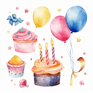 birthday watercolor clipart, cupcakes, candles, balloons, confetti, birthday hat, vibrant, white background, high quality, high definition, 8k