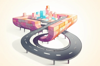a close up of a infinite loop highway on a white background, james gilleard and james jean, escher, trending on artisation, connectedness, scutoid, mit technology review, by Sam Spratt, dan mcpharlin : : ornate, wormholes, tetris, monolithic, stylized stl, clipart icon, simple 4 colors from gray to metalic blue, vector-based, sharp border, plane color and very define