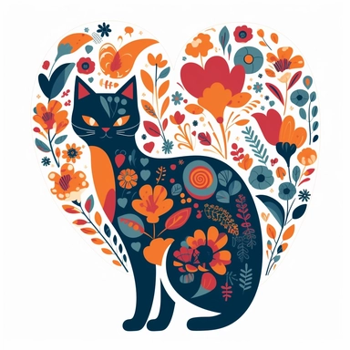 shaggy cartoon style cat in the center of vibrant colored boho style flowers in a heart shape border, silhouette vector flat simple identification symbol white backround white background minimalistic clipart png svg